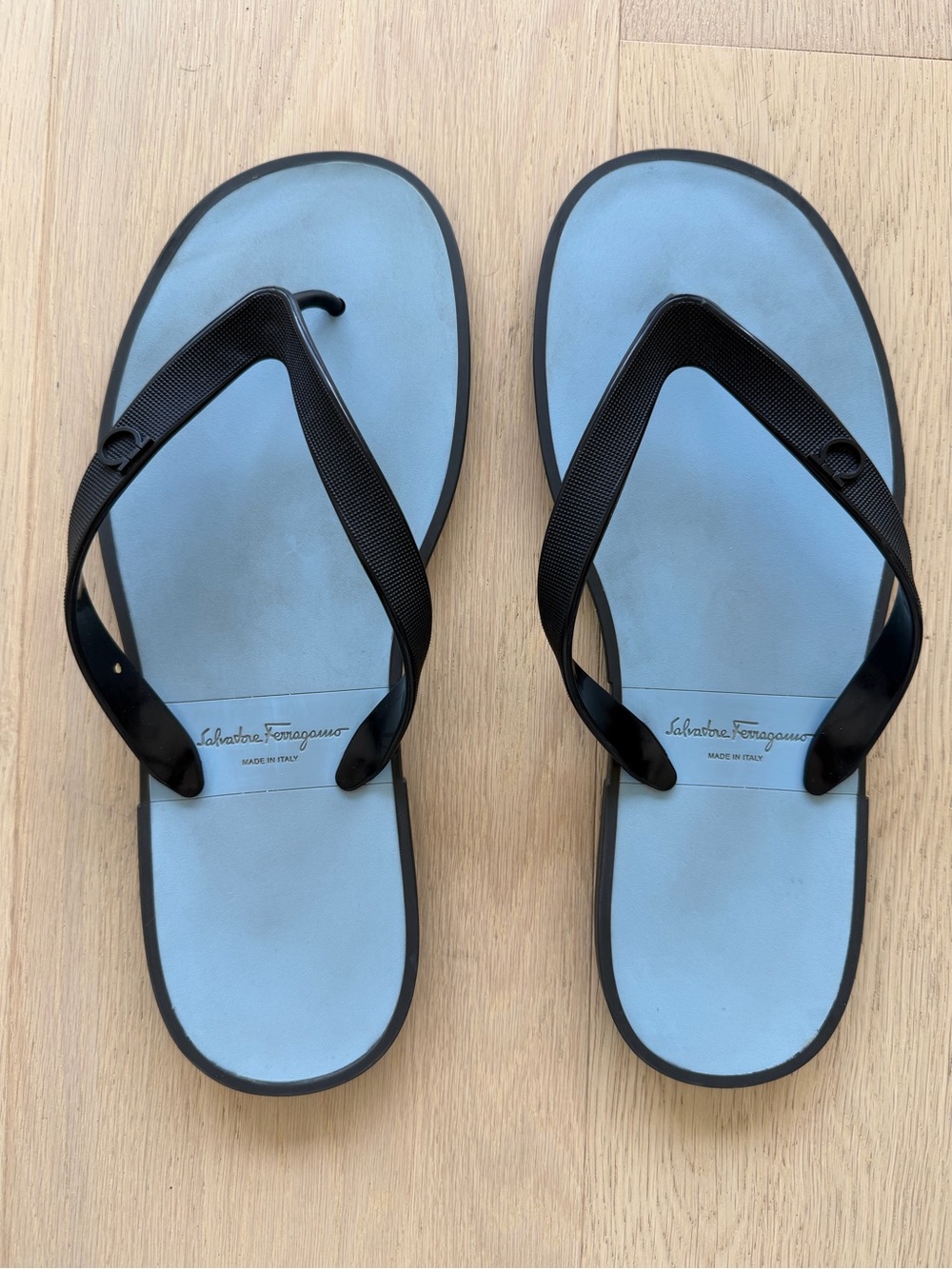 Salvatore Ferragamo Baby Blue & Black Rubber Flip Flops